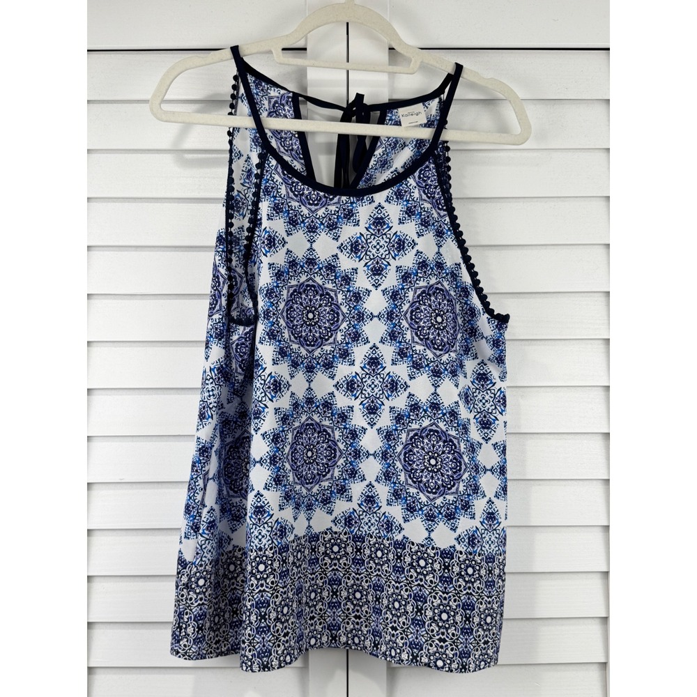 Kaileigh Tank Top XL Blue White Medallion‎ Pom Pom Trim Tie Back